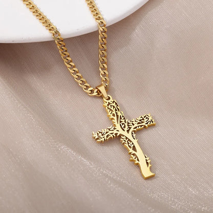 Stainless Steel Tree of Life Christian Cross Necklace