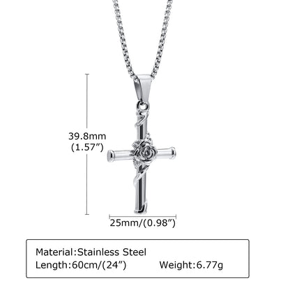 Cross Necklace, Stainless Steel Rose Cross Pendant with Box Chain, Unisex Cool Crucifix Jesus Faith