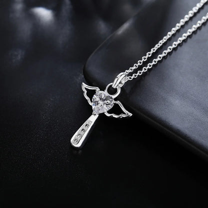 925 Sterling Silver Christian Religious Angel Wings Crystal Cross Pendants Necklace