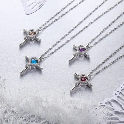 Original 925 Sterling Silver Cross Pendant for Women Opal Gemstone 12 Colorful Heart Birthstone Necklace Fine Jewelry
