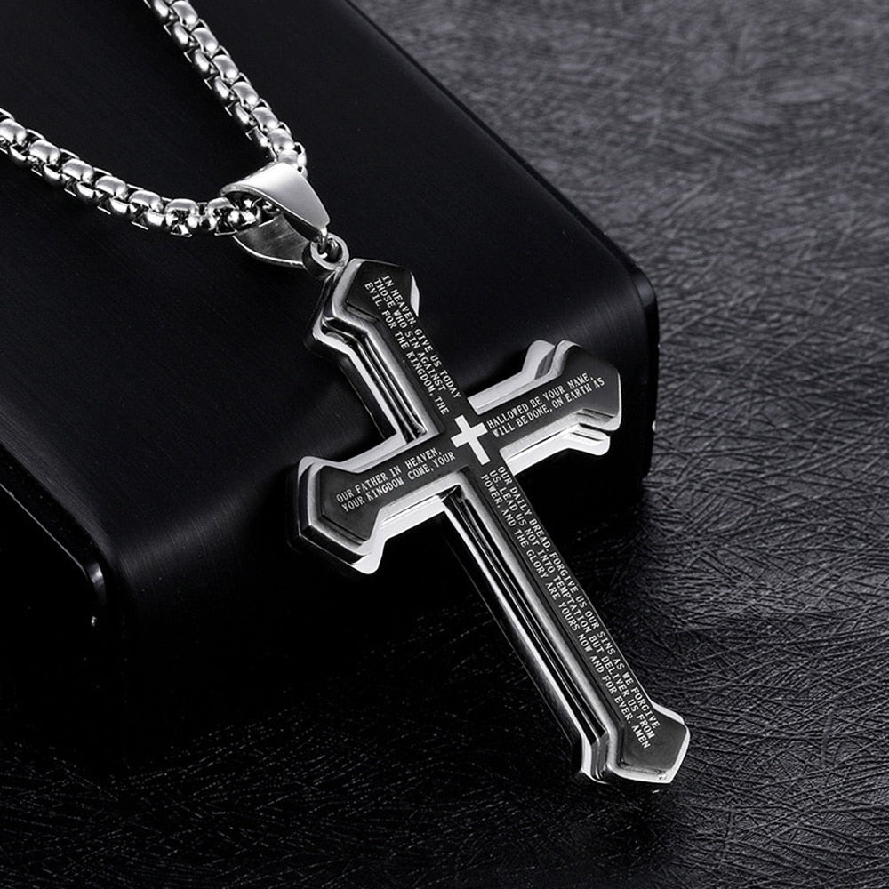 Vintage Christian Bible Text Stainless Steel Cross Pendant Necklace Biker Amulet Men's Chain Necklace Jewelry Gift