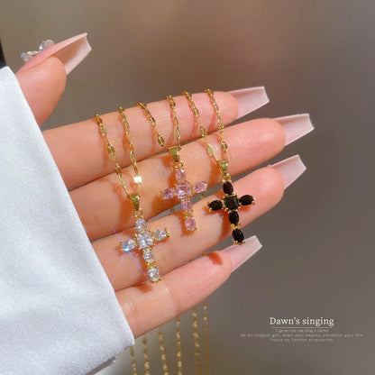 Fashion Zircon Cross Pendant Necklace for Women Stainless Steel Jewelry