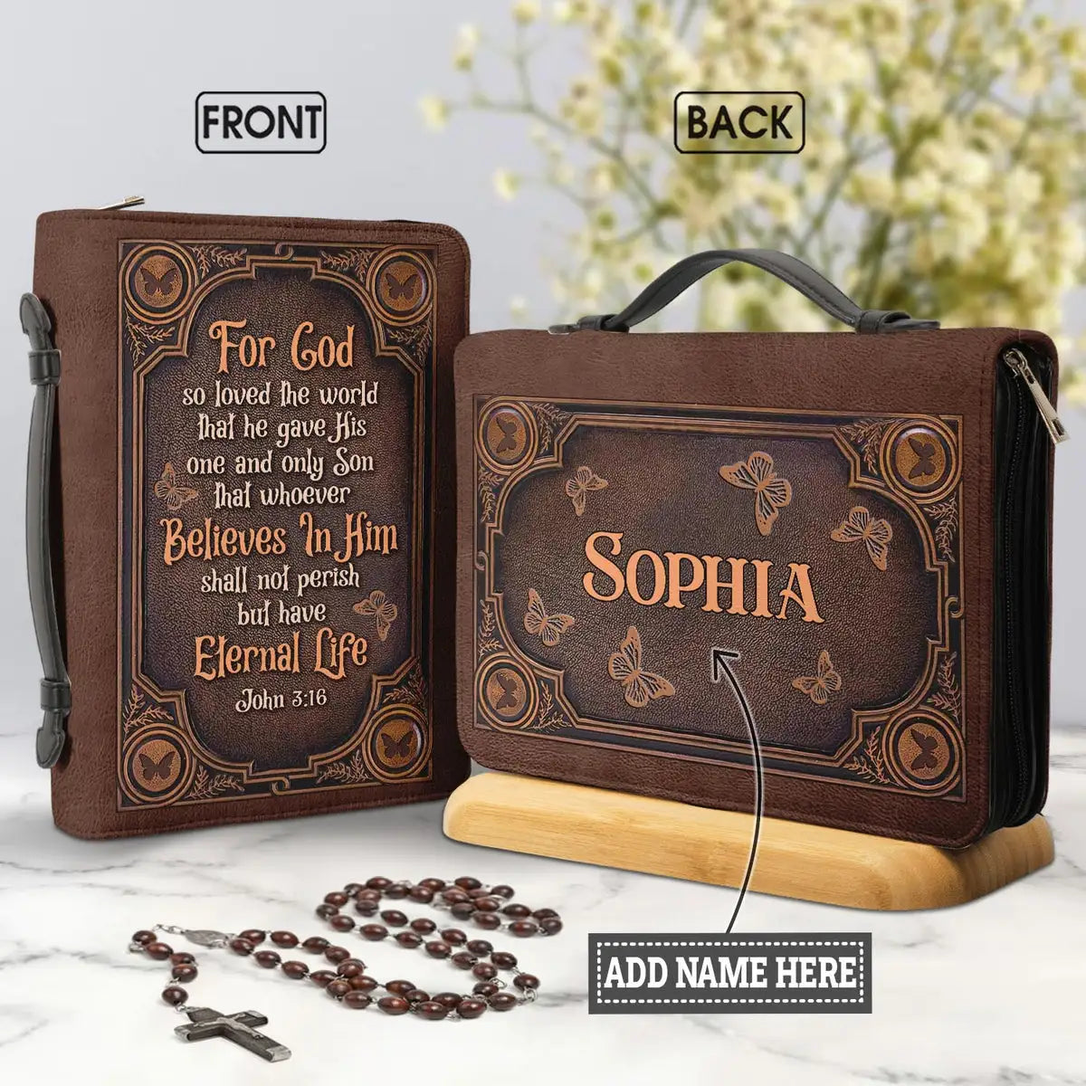 God So Loved Butterfly Pattern Bible Bag Ladies PU Leather Bible Cover Zipper Totes Bags Stylish Convenient Bible Case Journal Storage Handbags