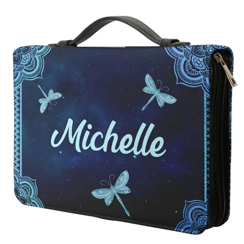 Personalized Cross Dragonfly Design Bible Bag My Peace I Give To You Women's PU Leather Blue Bible Cover