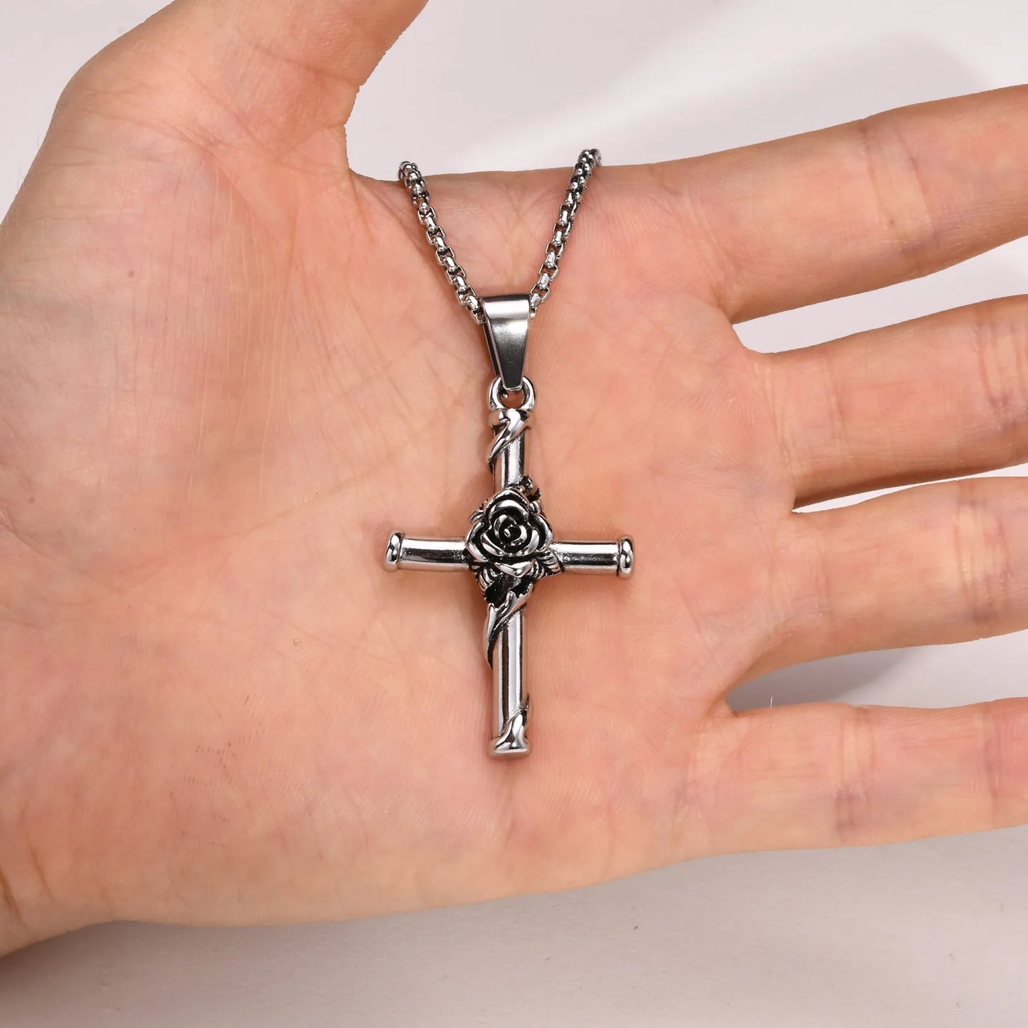 Cross Necklace, Stainless Steel Rose Cross Pendant with Box Chain, Unisex Cool Crucifix Jesus Faith