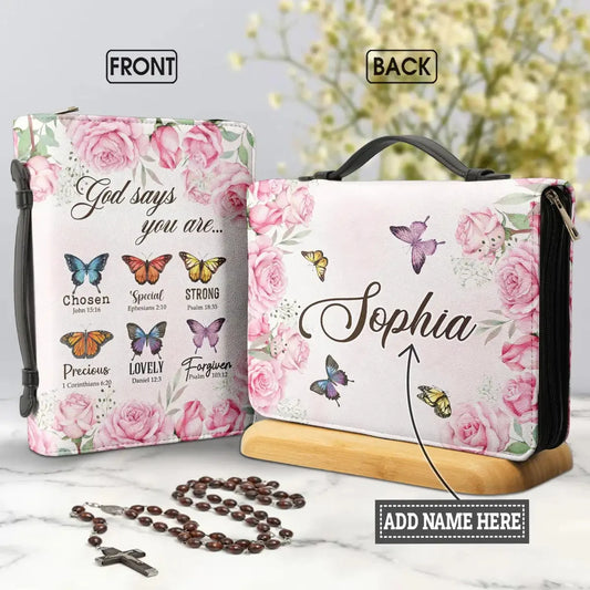 God Says You Are...Personalized Butterflies Floral Print PU Leather Bible Cover