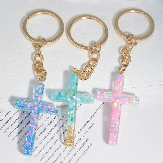 Resin Jesus Christian Cross Keychain Dry Flower Glitter Decoration Pendant Handbag Hanging Chrams Car Trinket Accessories Gift