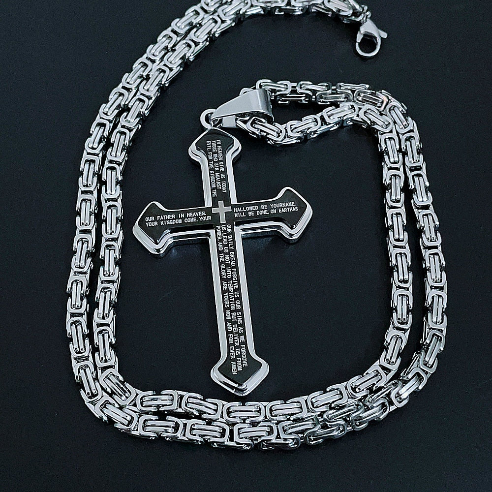 Vintage Christian Bible Text Stainless Steel Cross Pendant Necklace Biker Amulet Men's Chain Necklace Jewelry Gift