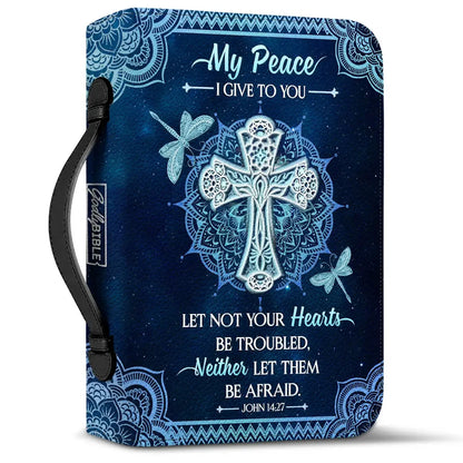 Personalized Cross Dragonfly Design Bible Bag My Peace I Give To You Women's PU Leather Blue Bible Cover