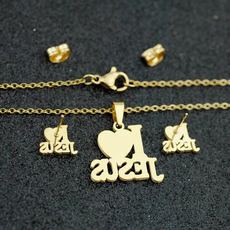 Stainless Steel I Love Jesus Heart Letter Pendant Necklace/Earrings Jewelry Set