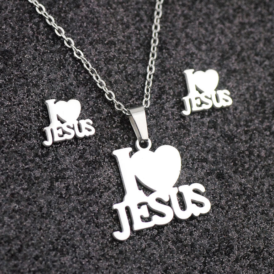 Stainless Steel I Love Jesus Heart Letter Pendant Necklace/Earrings Jewelry Set