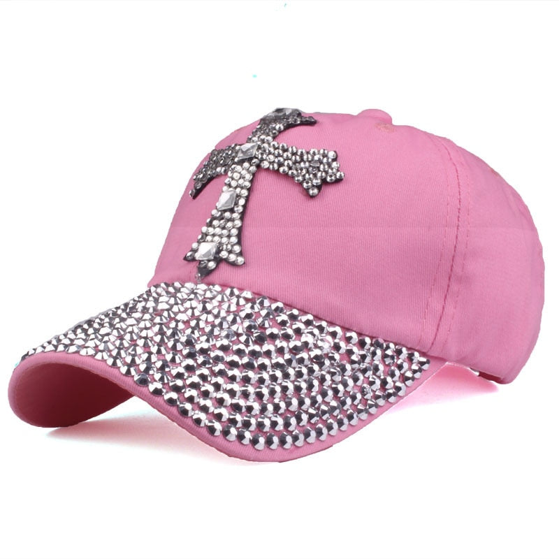 Cross Printed Baseball Cap Fashion Rhinestone Adjustable Cap for Women