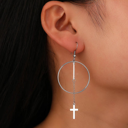 Stainless Steel Earrings Cross Christian Religious Geometric Big Circle Stick Cross Tassel Pendants Earrings For Women Jewelry Gifts