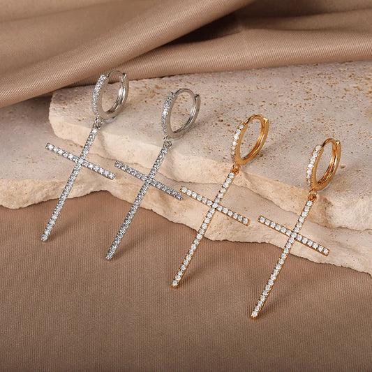 Women's Cubic Zirconia Metal Earrings Christian Religious Cross