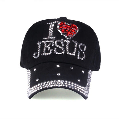 I Heart Jesus Heart Printed Rhinestone Adjustable Cap for Women