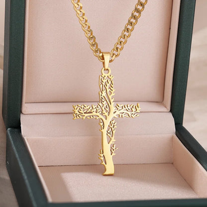 Stainless Steel Tree of Life Christian Cross Necklace