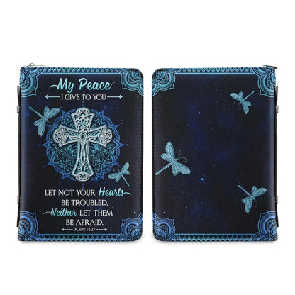 Personalized Cross Dragonfly Design Bible Bag My Peace I Give To You Women's PU Leather Blue Bible Cover