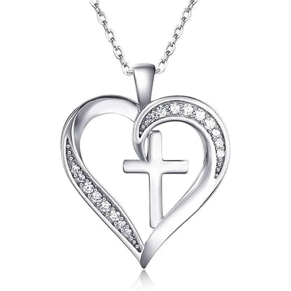 Creative Heart with Christian Cross Design Pendant Necklace for Women