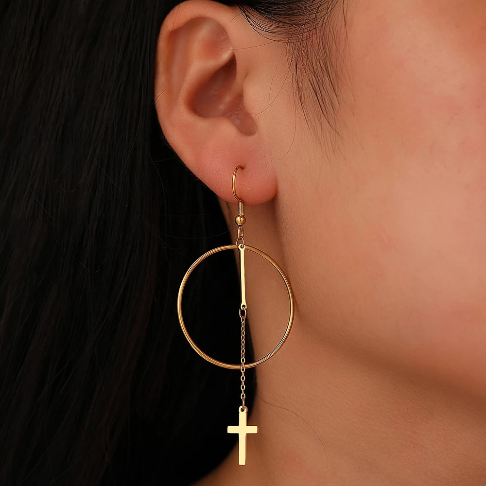 Stainless Steel Earrings Cross Christian Religious Geometric Big Circle Stick Cross Tassel Pendants Earrings For Women Jewelry Gifts