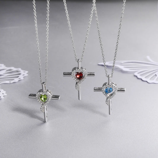 Original 925 Sterling Silver Cross Pendant for Women Opal Gemstone 12 Colorful Heart Birthstone Necklace Fine Jewelry