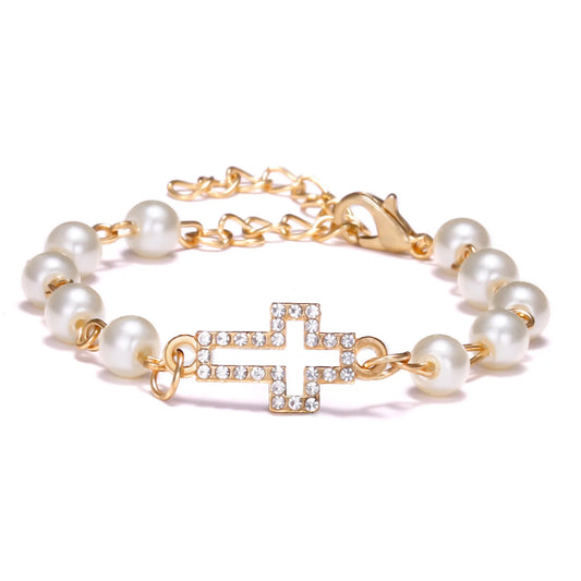 Rhinestone Pearl Bracelet Cross Christian Bracelet For Women Girls Cross Adjustable Fashion Bracelet Friendship Jewelry