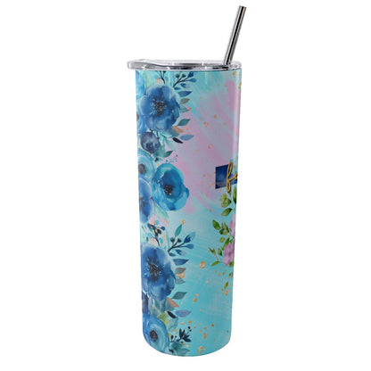 Blue Flowers Faith Cross Tumbler With Stainless Steel Straw 20oz