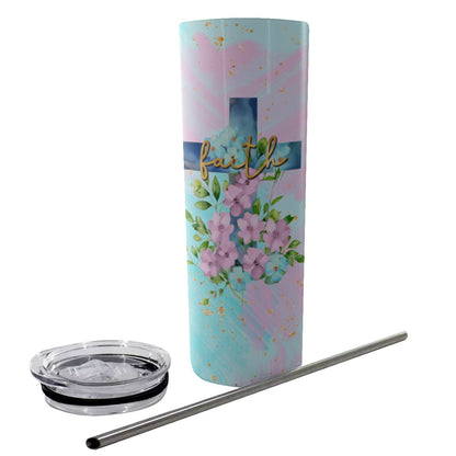 Blue Flowers Faith Cross Tumbler With Stainless Steel Straw 20oz